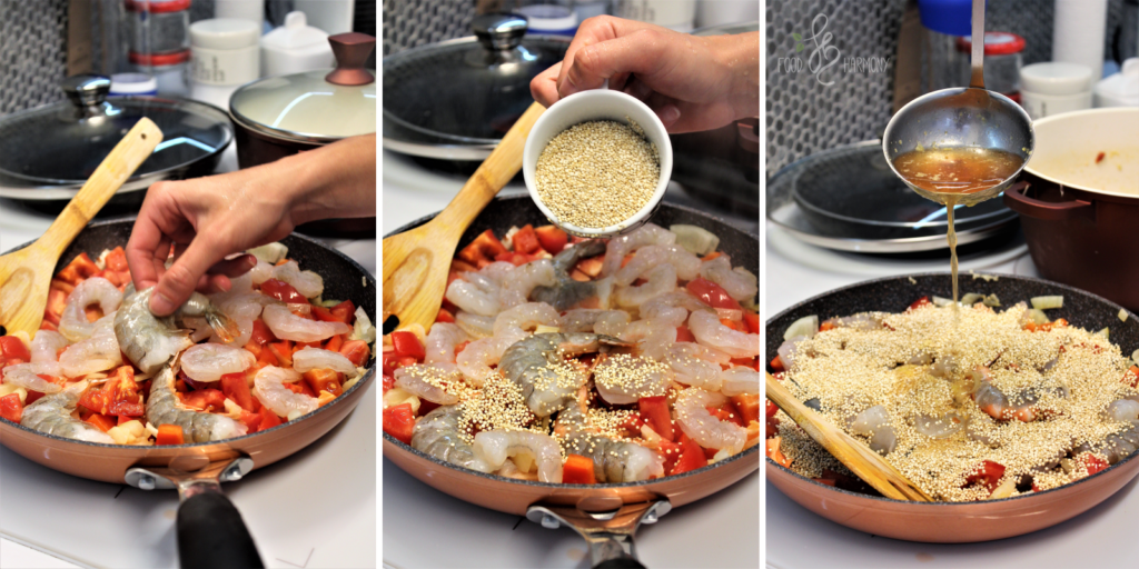 Paella z komosą ryżową i krewetkami